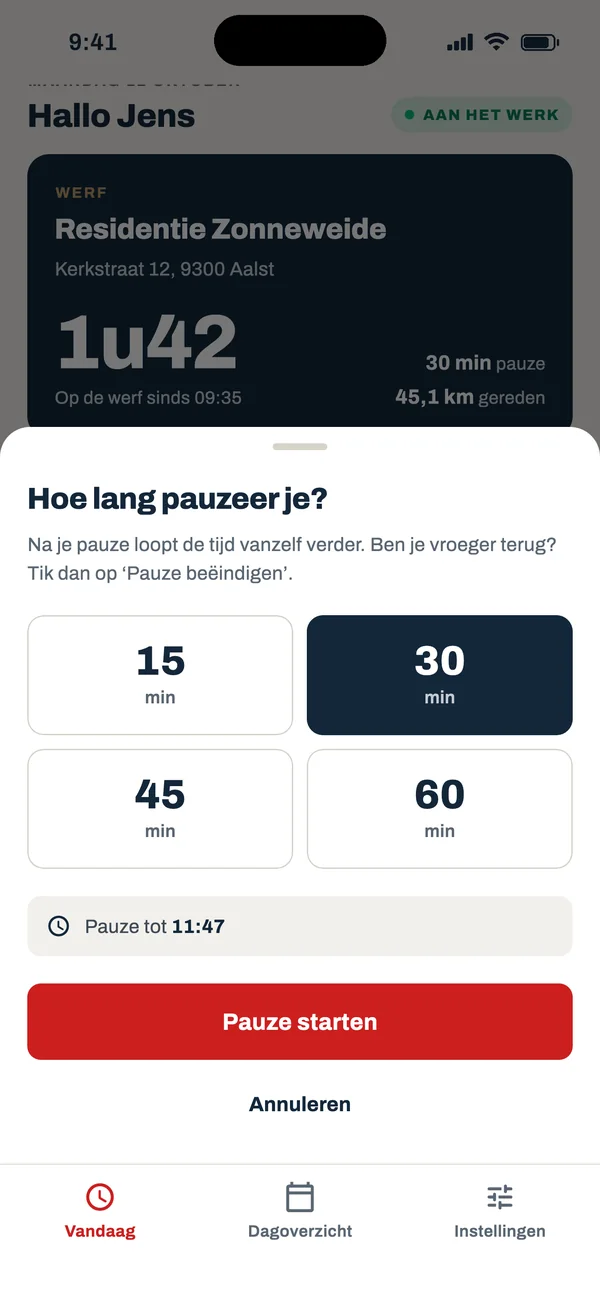 Keuzescherm voor de duur van een pauze: 15, 30, 45 of 60 minuten