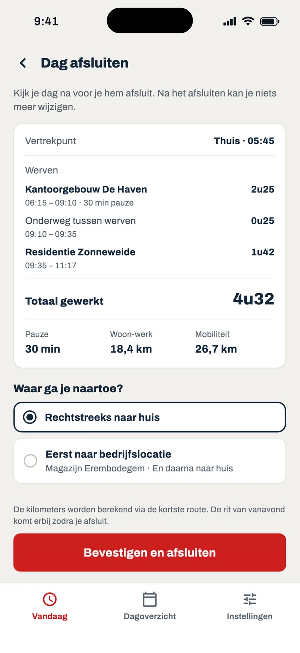 Scherm ‘Dag afsluiten’ met het overzicht van de dag en de keuze naar huis of eerst naar een bedrijfslocatie