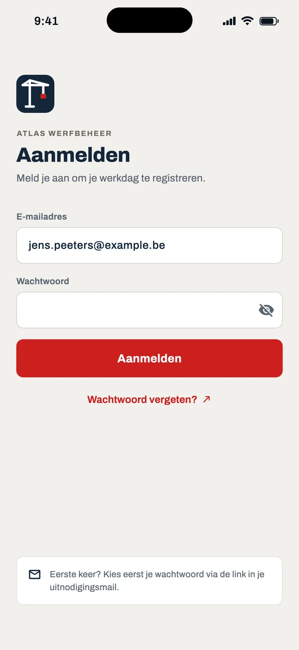 Aanmeldscherm van Atlas Werfbeheer met e-mailadres en wachtwoord